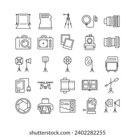 Foto und Fotografie Studio Sign Black Thin Line Icon Set Inklusive Tripod und Kamera. Vektorgrafik von Symbolen