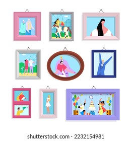 Photo picture in frame set, vector illustration. Family people character portrait at wall, happy man woman cartoon gallery. Mother father children