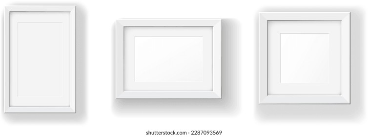 Fotografías en la pared, maquetas vectoriales blancas o afiches vacíos. Conjunto de marcos cuadrados. Modelación del marco, representación 3d