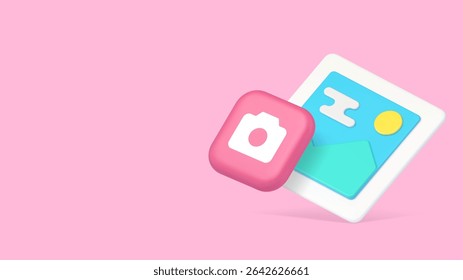 Photo picture image camera multimedia content button copy space banner. Media photographing electronic lens professional optical smart snapshot device cloud storage technology