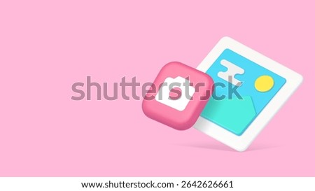 Photo picture image camera multimedia content button copy space banner. Media photographing electronic lens professional optical smart snapshot device cloud storage technology