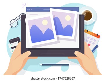 Photo Picture Online Album And Digital Gallery Watching On Website Or Internet Electronic Photography Images Files On Digital Tablet Computer Network Vector Flat Cartoon Illustration