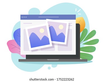 Photo Picture Online Album And Digital Gallery Watching On Website Or Internet Electronic Photography Images Files On Pc Laptop Computer Network Vector Flat Cartoon Illustration