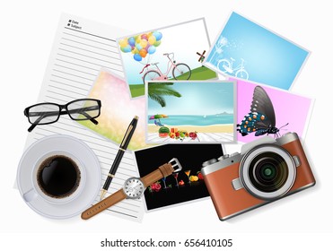 Photo is placed on the desk, pen, watch, glasses, camera and cup of coffee isolated on white background, Top view. vector illustration.