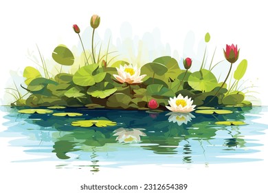 Photo of pond with lotus flower vector art white background.