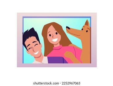 Photo or portrait of happy young couple with dog, flat vector illustration isolated on white background. Young man and woman photographed at happy moment in their lives.