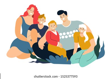 Photo portrait outdoors, group of happy people, friends and relatives, family members, smiling and hugging each other, grown ups with kids, summertime together, illustration on white background