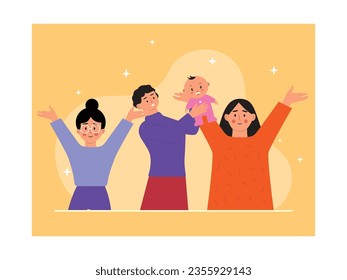 Photo pose of mother and sister with glasses raising hands, father holding baby. Happy family. Character design. Vector flat illustration