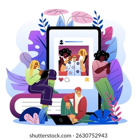 Photo post on social networks. Man and women with smartphones looking at photos on social media. People relax on internet. Online communication and interaction. Flat vector illustration
