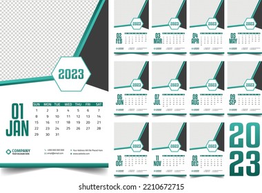 Photo Poster Style Monthly Wall Calendar 2023, Simple eco environment background. Week starts on Sunday calendar, Desktop planner corporate, office or home calendar. Editable 12 months pages set.