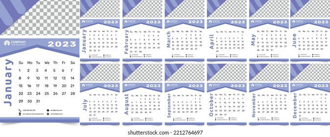 Photo Poster Style Monthly Wall Calendar 2023, Stylish and elegant looking. Week starts on Sunday, Desktop planner corporate, office or home calendar. Editable 12 months pages set