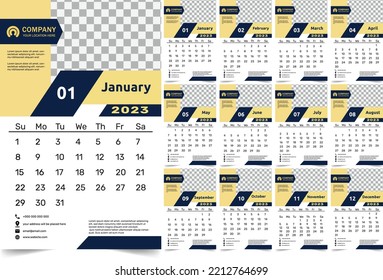 Photo Poster Style Monthly Wall Calendar 2023, Stylish and elegant looking. Week starts on Sunday, Desktop planner corporate, office or home calendar. Editable 12 months pages set