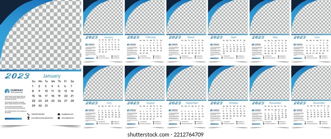 Photo Poster Style Monthly Wall Calendar 2023, Stylish and elegant looking. Week starts on Sunday, Desktop planner corporate, office or home calendar. Editable 12 months pages set