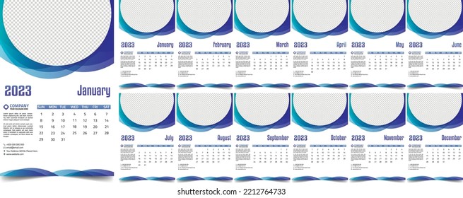Photo Poster Style Monthly Wall Calendar 2023, Stylish and elegant looking. Week starts on Sunday, Desktop planner corporate, office or home calendar. Editable 12 months pages set