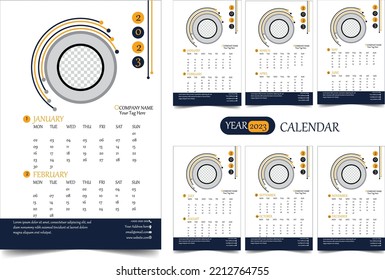 Photo Poster Style Monthly Wall Calendar 2023, Stylish and elegant looking. Week starts on Sunday, Desktop planner corporate, office or home calendar. Editable 12 months pages set