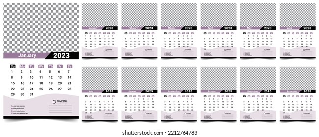 Photo Poster Style Monthly Wall Calendar 2023, Stylish and elegant looking. Week starts on Sunday, Desktop planner corporate, office or home calendar. Editable 12 months pages set