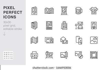 Photo Printing Line Icon Set. Brand Identity Printed On Products Like Brochure, Banner, Mug, Plotter Vector Illustrations. Simple Outline Signs For Polygraphy. 30x30 Pixel Perfect. Editable Strokes.
