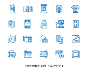 Photo Printing Line Icon Set. Brand Identity Printed On Products Like Brochure, Banner, Mug, Plotter Vector Illustrations. Simple Outline Signs For Polygraphy. Blue Color, Editable Stroke.