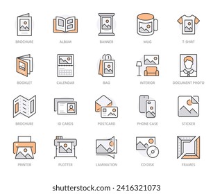 Photo printing line icon set. Brand identity printed on products like brochure, banner, mug, plotter vector illustrations. Simple outline signs for polygraphy. Orange Color. Editable Strokes