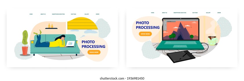 Photo processing landing page design, website banner vector template set. Digital photo retouching, editing service.