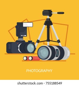 Photo project concept banner, photo laboratory, photo equipment with camera tripod and lens, 3d flat vector illustration on photo frame background