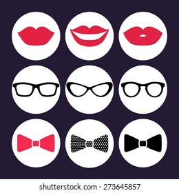 Photo Prop Vector Icon: glasses, lips, bow tie