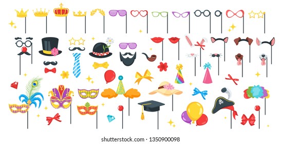 Photo props or booth set: glasses, hat and mustaches. Vector illustration isolated on white background.