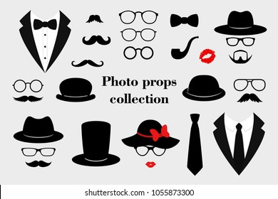 Photo props collections. Retro party set with glasses, mustache, beard, hats, texedo and lips. Vector illustration