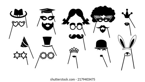 Photo props, funny hats, lips, crowns for parties and holidays. Vector set of black and white silhouettes on sticks