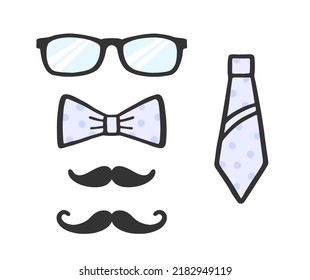 Photo props set. Glasses, moustache, bow and tie for selfie. Collection of male photo accessories. Photobooth set. Vector illustration.