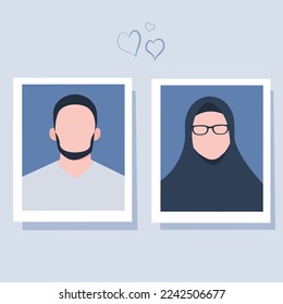 Photo of prospective Muslim husband and wife on blue background