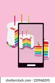 photo of rainbow cake and slice of cake with smartphone. vector illustration 