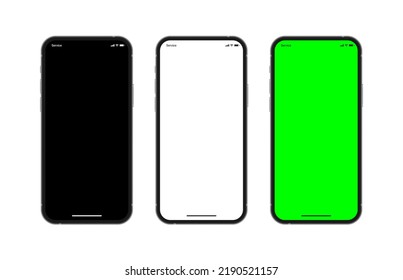 Photo Realistic 3D Vector Mobile Phone Mockup Set with Blank Black White and Green Chroma Key Screen Isolate On White Back. Front View Photorealistic Smartphones with Different Empty Display Templates svg