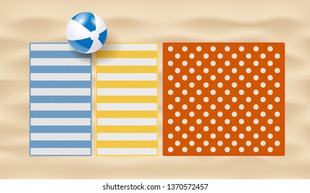 Photo Realistic Beach Mats On The Sand. Vector Flat Lay Illustration. Top View