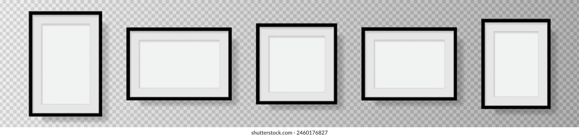 Foto Realistic Black Blank Bilderrahmen, hängt an einer Wand von der Vorderseite. Mockup isoliert auf transparentem Hintergrund. Grafikstil-Vorlage. Vektorillustration