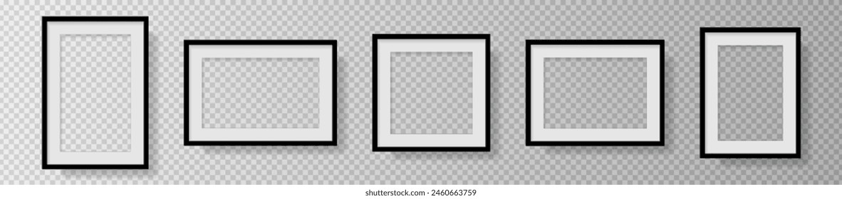 Photo Realistic Black Blank Picture Frame, hanging on a Wall from the Front. mockup isolated on transparent background. Graphic style template. Vector illustration