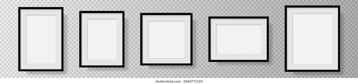 Photo Realistic Black Blank Picture Frame, hanging on a Wall from the Front. mockup isolated on transparent background. Graphic style template. Vector illustration