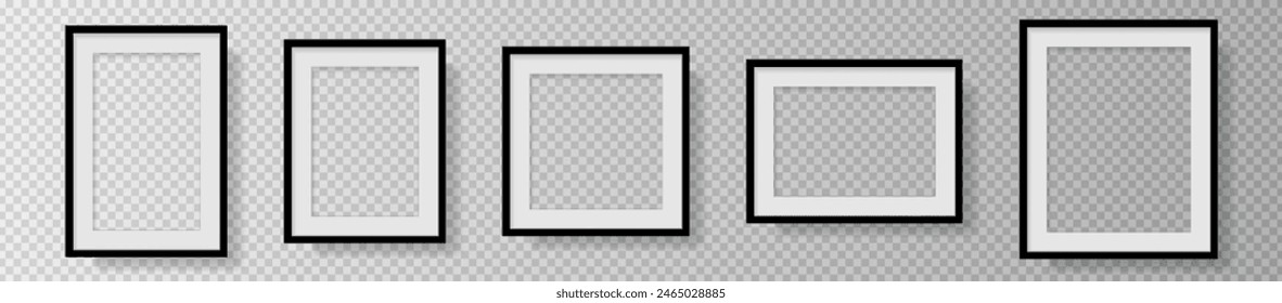 Photo Realistic Black Blank Picture Frame, hanging on a Wall from the Front. mockup isolated on transparent background. Graphic style template. Vector illustration