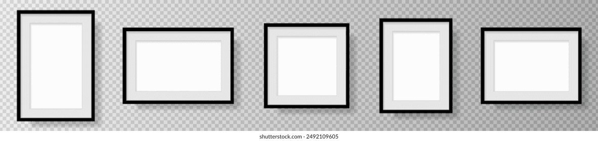 Foto Realista Marco de imagen en blanco negro, colgando en una pared desde el frente. maqueta aislada sobre fondo transparente. Plantilla de estilo gráfico. Ilustración vectorial