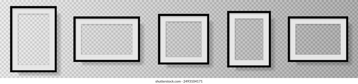 Foto Realistic Black Blank Bilderrahmen, hängt an einer Wand von der Vorderseite. Mockup isoliert auf transparentem Hintergrund. Grafikstil-Vorlage. Vektorillustration