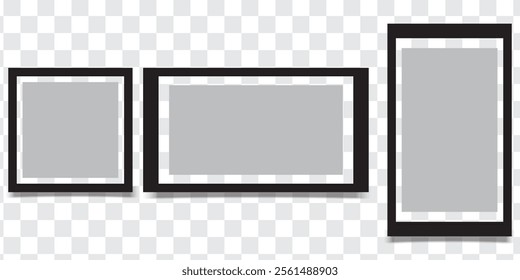 Photo Realistic Black Blank Picture Frame, hanging on a Wall from the Front. mockup isolated on transparent background. Graphic style template. Vector illustration
