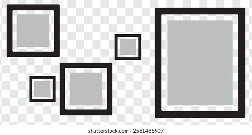 Photo Realistic Black Blank Picture Frame, hanging on a Wall from the Front. mockup isolated on transparent background. Graphic style template. Vector illustration