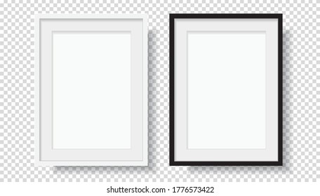 Photo Realistic Black Blank and White Picture Frame, hanging on a Wall from the Front. mockup isolated on transparent background. Graphic style template. Vector illustration