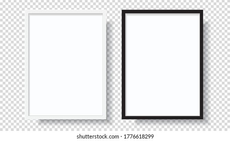 Photo Realistic Black Blank and White Picture Frame, hanging on a Wall from the Front. mockup isolated on transparent background. Graphic style template. Vector illustration