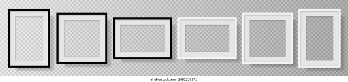 Photo Realistic Black, White Blank Picture Frame, hanging on a Wall from the Front. mockup isolated on transparent background. Graphic style template. Vector illustration