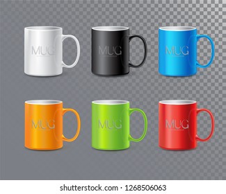 Photo realistic ceramic clean Mug or Cup for tea and coffee.
3d mockup set isolated on transparent background. 
Realistic graphic style template.
Vector illustration