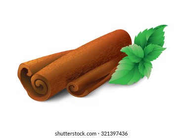 Photo realistic illustration of cinnamon sticks and mint leafs on white background.
