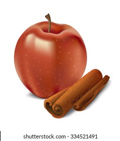 Photo realistic illustration of cinnamon sticks and red apple on white background.
