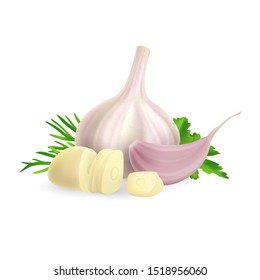 Photo realistic illustration of head and chopped clove of garlic. Vegetable design composition in 3d realism style. Isolated on white background vector clipart of spice plant and green herbs dill