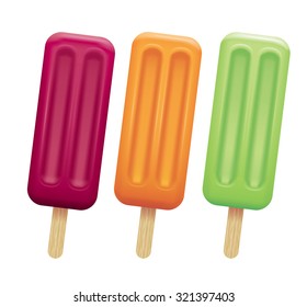 Photo realistic illustration of variety of popsicles on white background.
